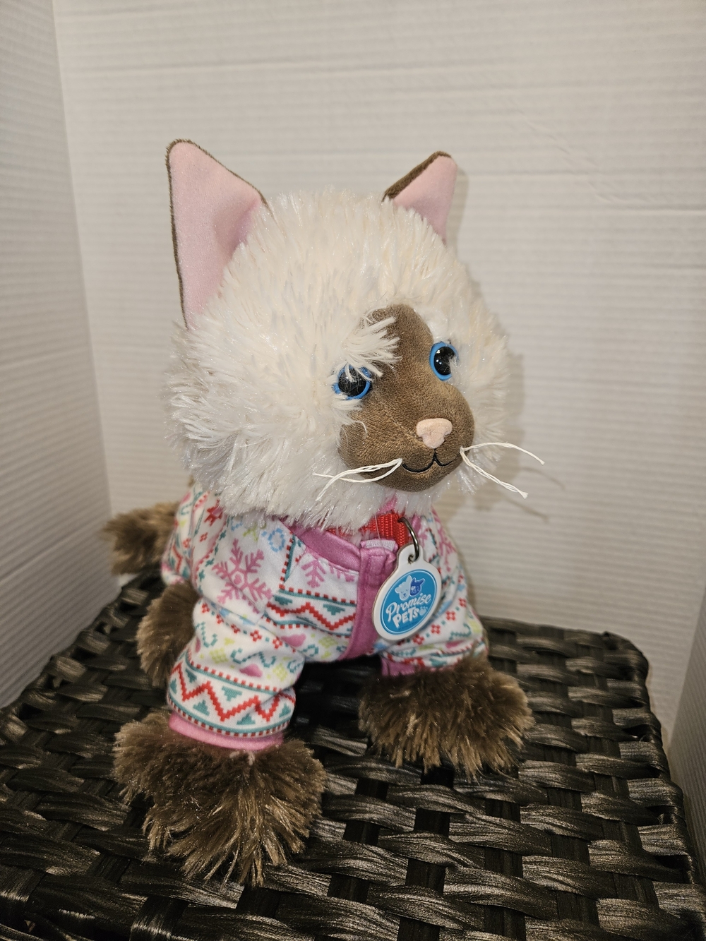 Build-A-Bear White & Brown Plush Cat in Festive Patterned Sweater